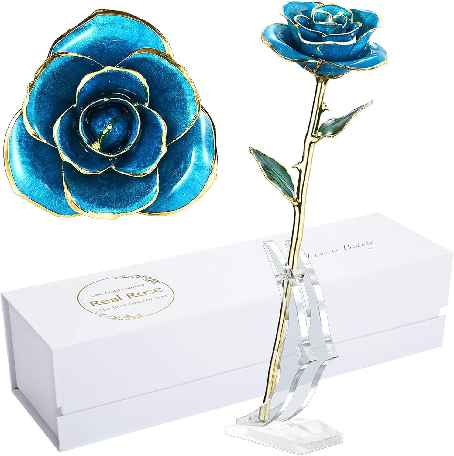 Birthday Rose Gift for Her,24K Golden Real Fresh Long Stem Rose and Best Birthday Gift for Her Rose,Blue with Stand