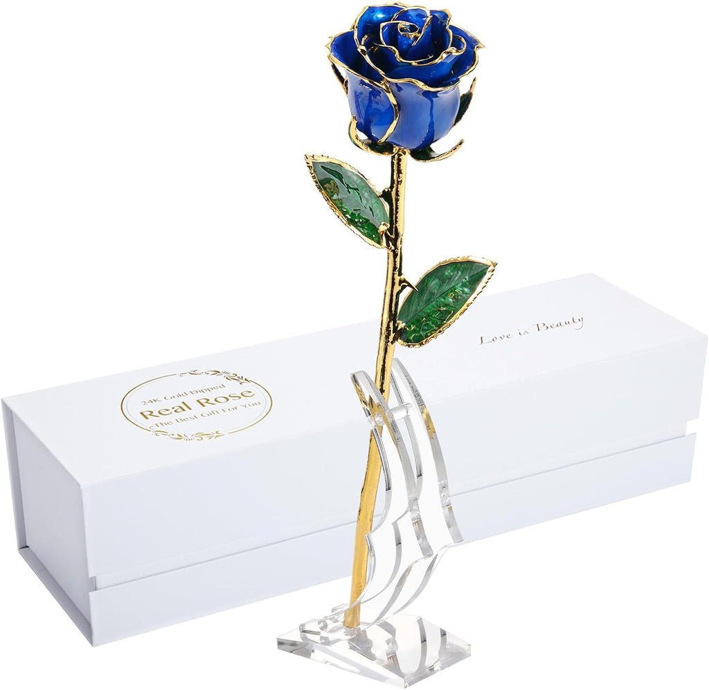 Birthday Rose Gift for Her,24K Golden Real Fresh Long Stem Rose and Best Birthday Gift for Her Rose,Blue with Stand