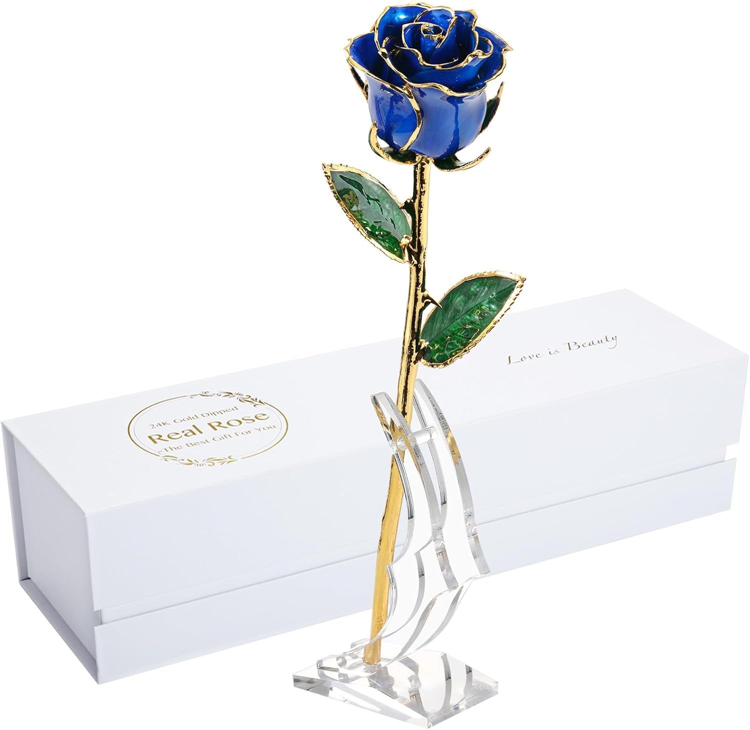 Birthday Rose Gift for Her,24K Golden Real Fresh Long Stem Rose and Best Birthday Gift for Her Rose,Blue with Stand