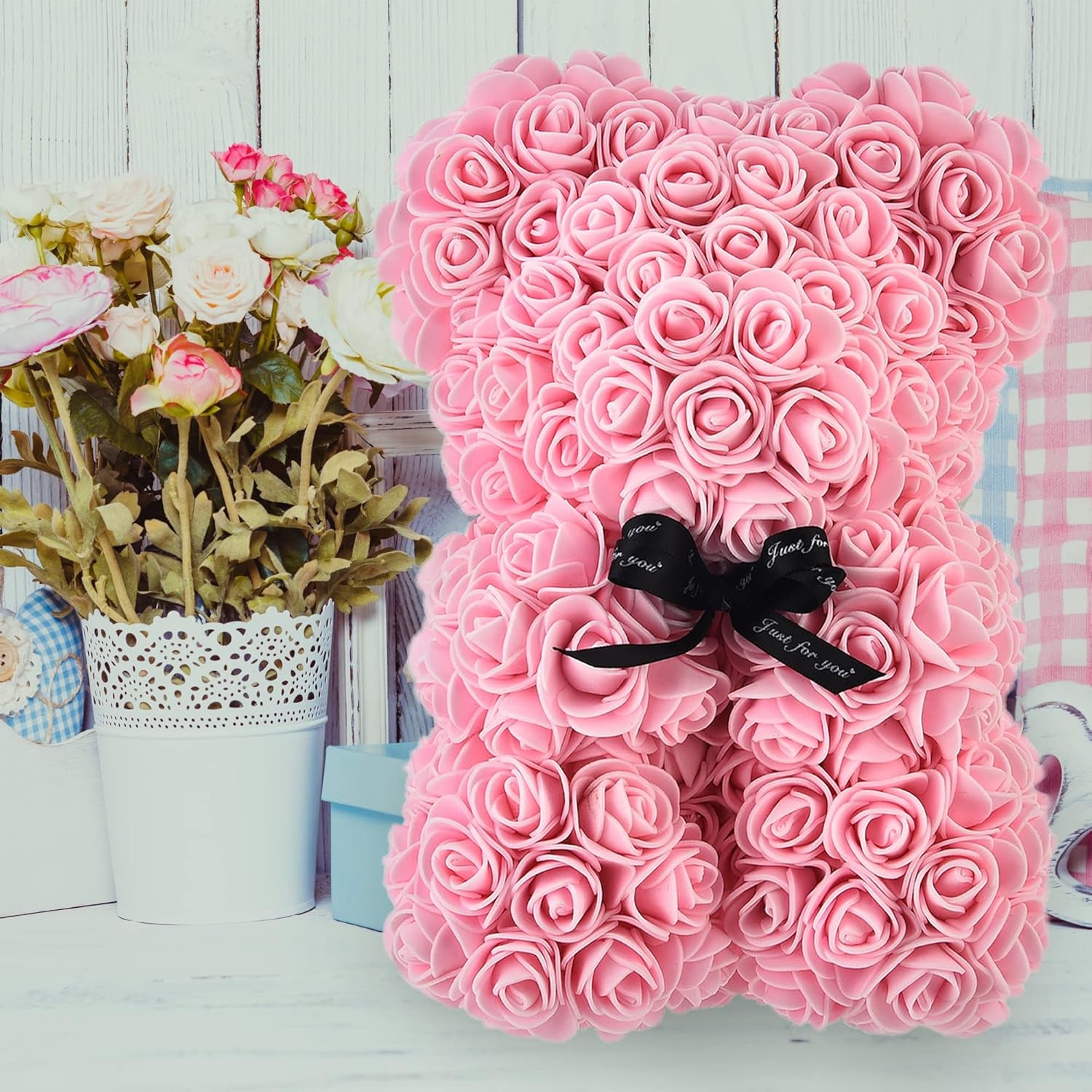 Rose Bear ,Rose Teddy Bear, Flower Bear Cub, Forever Rose Everlasting Flower for Window Display, Anniversary Christmas Valentines Gift (Light Pink)