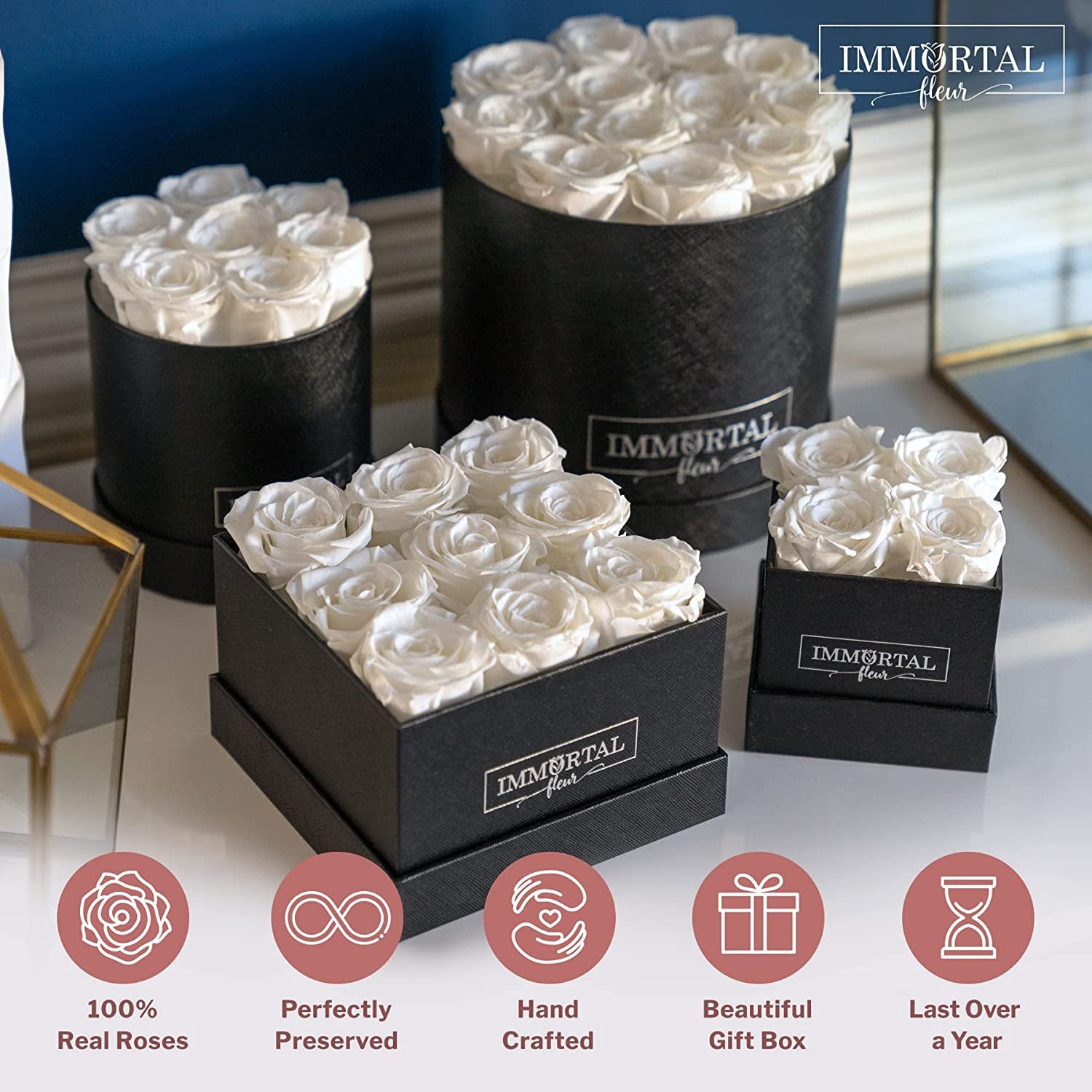 White Preserved Roses, 7 Elegant Forever Roses Box, Mom Birthday Gifts, Wedding & Anniversary Flowers