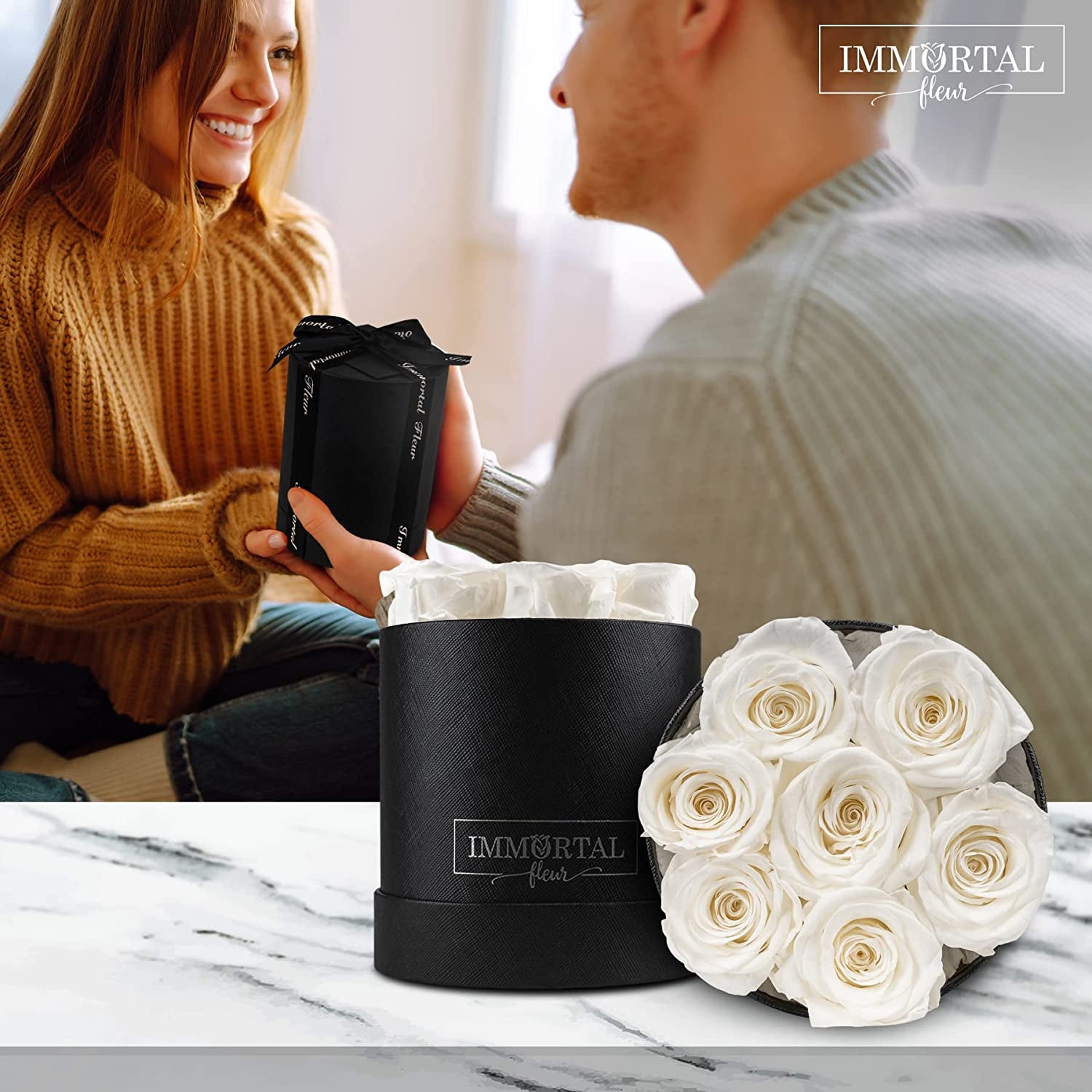 White Preserved Roses, 7 Elegant Forever Roses Box, Mom Birthday Gifts, Wedding & Anniversary Flowers