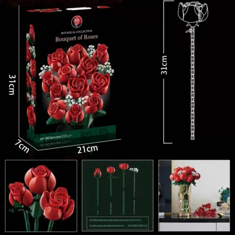 Compatible with Lego Bouquet Building Blocks New Assembled Ornaments Preserved Fresh Flower Valentine'S Day Toys Roses10328